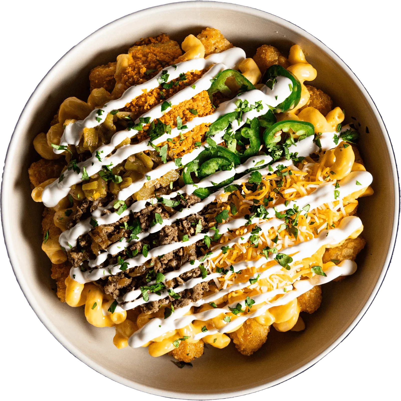 Packed Bowls by Wiz Khalifa 
Thrill Bowl- Bed of perfectly crispy, seasoned potato tots, layered with creamy signature Mac & Yellow, ground beef taco meat, roasted green chiles, and caramelized onions. Topped with a drizzle of sour cream, fresh jalapeños, shredded cheese and cilantro, and finished with Doritos dust.