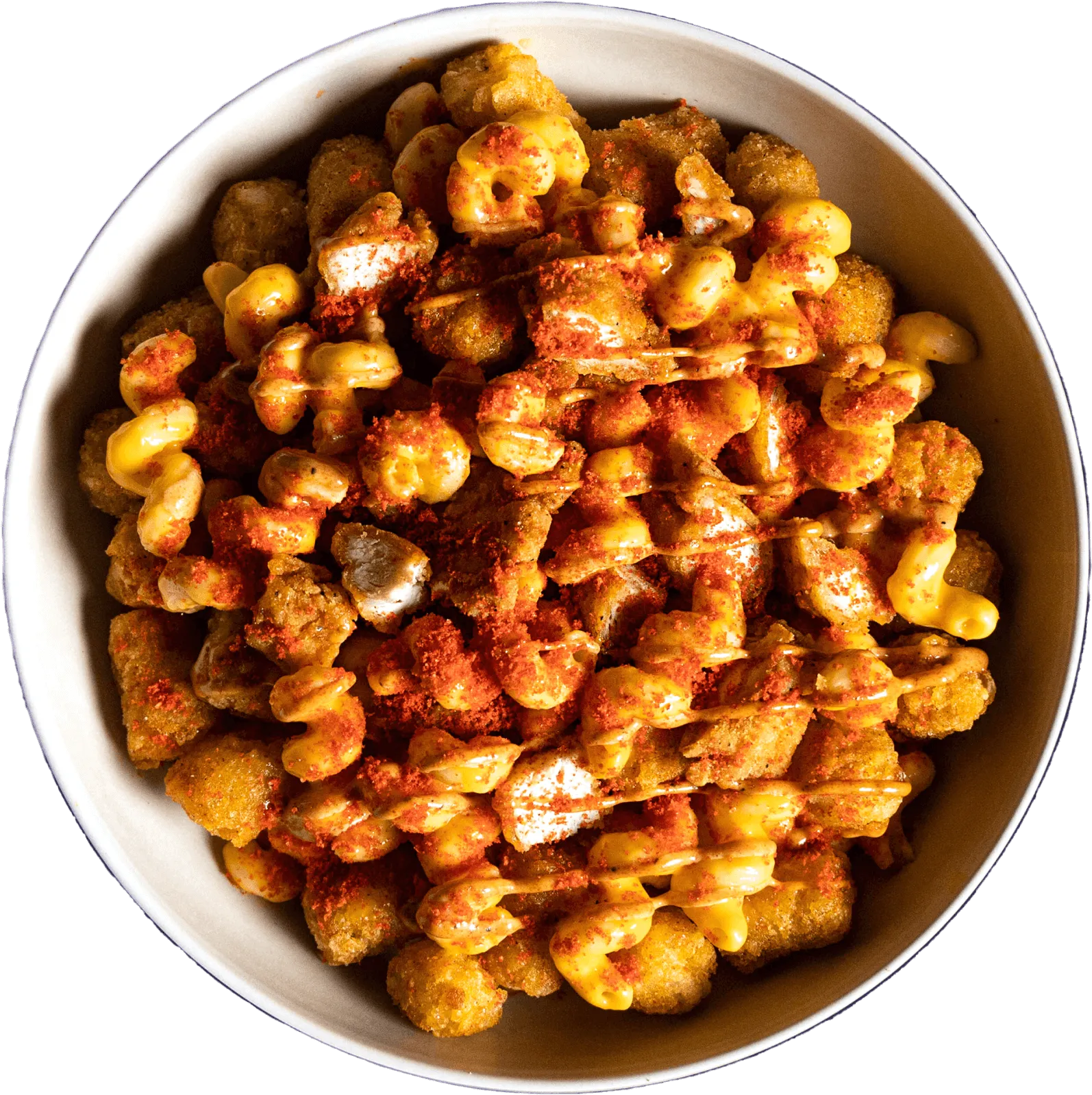 Packed Bowls by Wiz Khalifa Fully Packed Bowl- Bed of perfectly crispy, seasoned potato tots, layered with creamy signature Mac & Yellow and fried chicken nuggs. Topped with a drizzle of Tangy Dab sauce, and finished with Hot Cheetos dust.