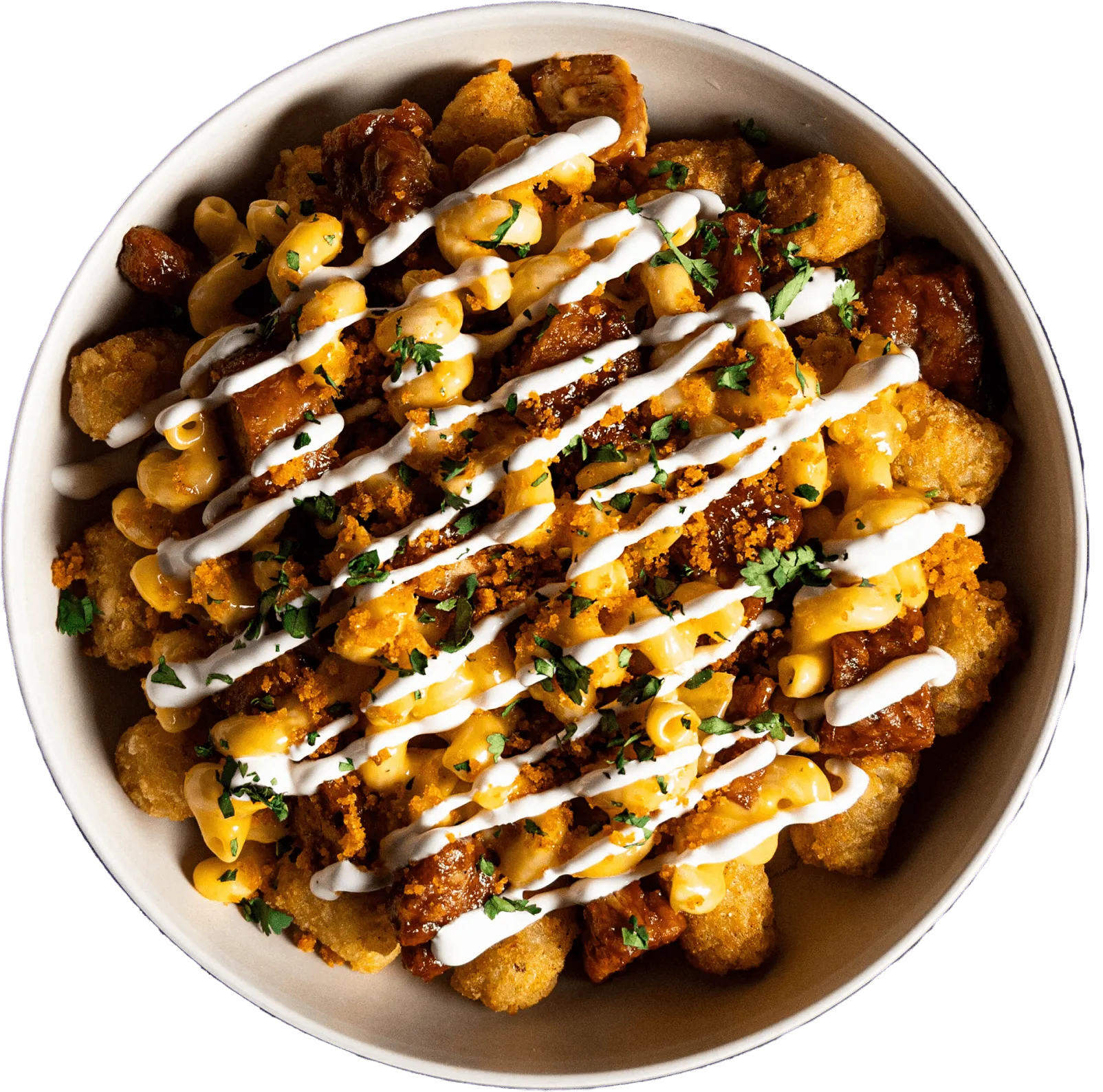 Packed Bowls by Wiz Khalifa Smoked Bowl- Bed of perfectly crispy, seasoned potato tots, layered with creamy signature Mac & Yellow, roasted green chiles, and fried chicken nuggs tossed in smoky BBQ Sauce. Topped with a drizzle of sour cream and cilantro, and finished with Lay’s BBQ dust. 
