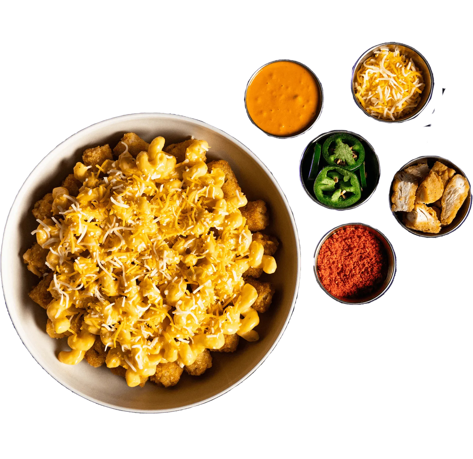 Packed Bowls by Wiz Khalifa One Hit Bowl - We give you the base, you build the rest! Bed of perfectly crispy, seasoned potato tots topped with creamy signature Mac & Yellow, and shredded cheese. 